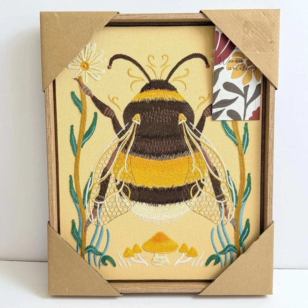 BP Home Woven Artistry Bumblebee Embroidered Framed Canvas Wall Art 12x15 New